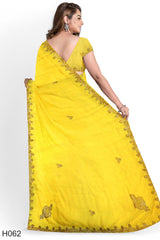 Yellow Designer Wedding Partywear Georgette Stone Zari Hand Embroidery Work Bridal Saree Sari With Blouse Piece H062