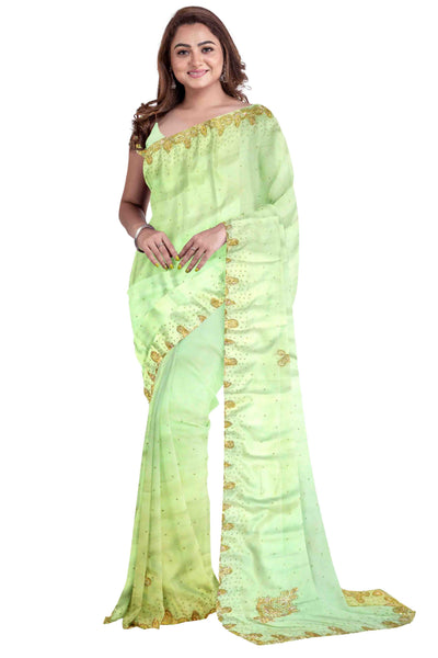 Green Designer Wedding Partywear Georgette Stone Zari Hand Embroidery Work Bridal Saree Sari With Blouse Piece H063