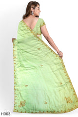 Green Designer Wedding Partywear Georgette Stone Zari Hand Embroidery Work Bridal Saree Sari With Blouse Piece H063