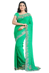 Green Designer Wedding Partywear Georgette Stone Cutdana Thread Hand Embroidery Work Bridal Saree Sari With Blouse Piece H064