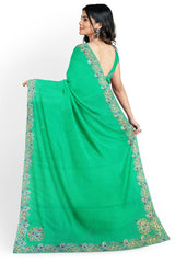 Green Designer Wedding Partywear Georgette Stone Cutdana Thread Hand Embroidery Work Bridal Saree Sari With Blouse Piece H064
