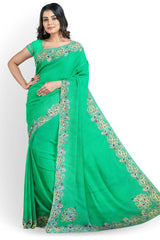 Green Designer Wedding Partywear Georgette Stone Cutdana Thread Hand Embroidery Work Bridal Saree Sari With Blouse Piece H064