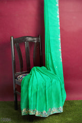 Green Designer Wedding Partywear Georgette Stone Cutdana Thread Hand Embroidery Work Bridal Saree Sari With Blouse Piece H064