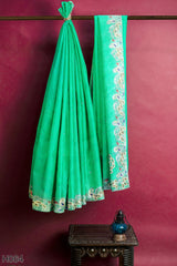 Green Designer Wedding Partywear Georgette Stone Cutdana Thread Hand Embroidery Work Bridal Saree Sari With Blouse Piece H064