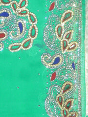 Green Designer Wedding Partywear Georgette Stone Cutdana Thread Hand Embroidery Work Bridal Saree Sari With Blouse Piece H064