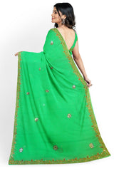 Green Designer Wedding Partywear Georgette Stone Cutdana Thread Mirror Hand Embroidery Work Bridal Saree Sari With Blouse Piece H065