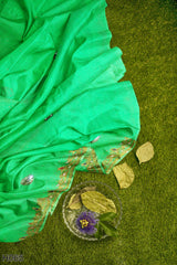 Green Designer Wedding Partywear Georgette Stone Cutdana Thread Mirror Hand Embroidery Work Bridal Saree Sari With Blouse Piece H065