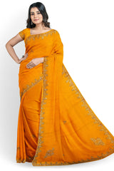 Yellow Designer Wedding Partywear Georgette Stone Bullion Hand Embroidery Work Bridal Saree Sari With Blouse Piece H066