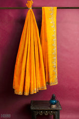 Yellow Designer Wedding Partywear Georgette Stone Bullion Hand Embroidery Work Bridal Saree Sari With Blouse Piece H066