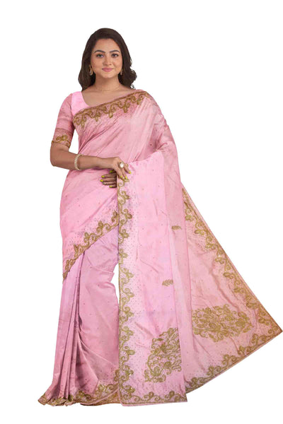 Pink Designer Wedding Partywear Silk Stone Cutdana Hand Embroidery Work Bridal Saree Sari With Blouse Piece H067