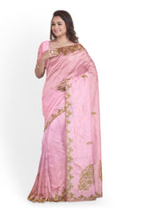 Pink Designer Wedding Partywear Silk Stone Cutdana Hand Embroidery Work Bridal Saree Sari With Blouse Piece H067