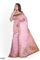 Pink Designer Wedding Partywear Silk Stone Cutdana Hand Embroidery Work Bridal Saree Sari With Blouse Piece H067