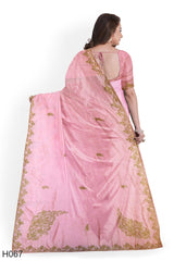 Pink Designer Wedding Partywear Silk Stone Cutdana Hand Embroidery Work Bridal Saree Sari With Blouse Piece H067