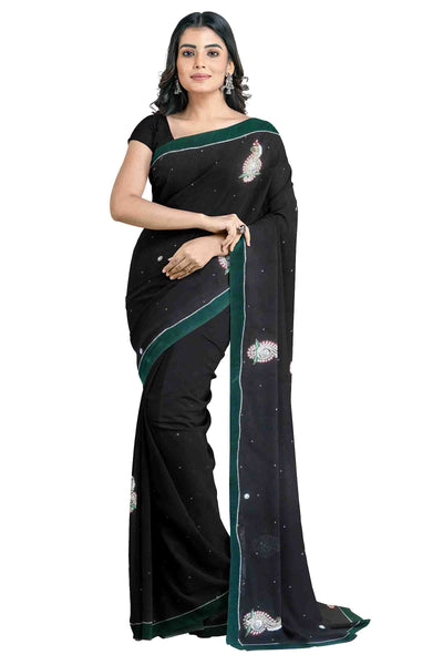 Black Designer Wedding Partywear Georgette Stone Pearl Thread Beads Hand Embroidery Work Bridal Saree Sari With Blouse Piece H068