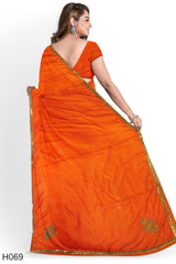 Orange Designer Wedding Partywear Silk Pearl Beads Zari Sequence Stone Hand Embroidery Work Bridal Saree Sari With Blouse Piece H069