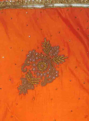 Orange Designer Wedding Partywear Silk Pearl Beads Zari Sequence Stone Hand Embroidery Work Bridal Saree Sari With Blouse Piece H069