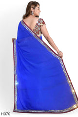Blue Designer Wedding Partywear Georgette Cutdana Mirror Zari Stone Hand Embroidery Work Bridal Saree Sari With Blouse Piece H070