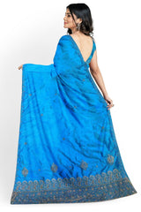 Blue Designer Wedding Partywear Silk Cutdana Stone Thread Hand Embroidery Work Bridal Saree Sari With Blouse Piece H071