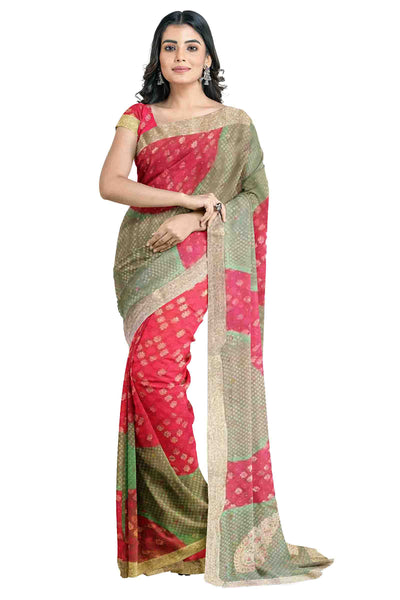 Pink Green Designer Wedding Partywear Brasso Zari Stone Cutdana Hand Embroidery Work Bridal Saree Sari With Blouse Piece H072