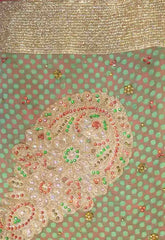 Pink Green Designer Wedding Partywear Brasso Zari Stone Cutdana Hand Embroidery Work Bridal Saree Sari With Blouse Piece H072