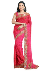 Pink Designer Wedding Partywear Silk Cutdana Stone Hand Embroidery Work Bridal Saree Sari With Blouse Piece H075