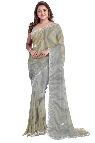 Grey Designer Wedding Partywear Georgette Stone Beads Pearl Hand Embroidery Work Bridal Saree Sari With Blouse Piece H077