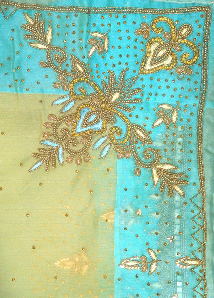 Beige Blue Designer Wedding Partywear Organza Beads Stone Thread Hand Embroidery Work Bridal Saree Sari With Blouse Piece H078