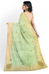 Green Peach Designer Wedding Partywear Organza Beads Stone Thread Hand Embroidery Work Bridal Saree Sari With Blouse Piece H079
