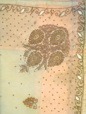 Green Peach Designer Wedding Partywear Organza Beads Stone Thread Hand Embroidery Work Bridal Saree Sari With Blouse Piece H079