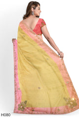 Yellow Pink Designer Wedding Partywear Organza Beads Stone Thread Hand Embroidery Work Bridal Saree Sari With Blouse Piece H080