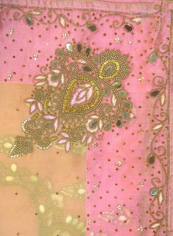 Yellow Pink Designer Wedding Partywear Organza Beads Stone Thread Hand Embroidery Work Bridal Saree Sari With Blouse Piece H080