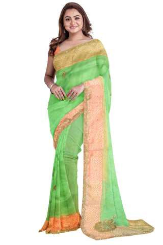 Green Peach Designer Wedding Partywear Organza Beads Stone Thread Hand Embroidery Work Bridal Saree Sari With Blouse Piece H081