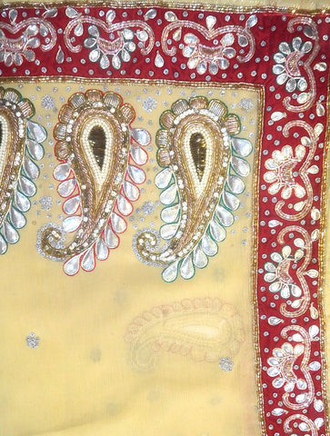 Cream Designer Wedding Partywear Georgette Stone Zari Gota Patti Bullion Hand Embroidery Work Bridal Saree Sari With Blouse Piece H083