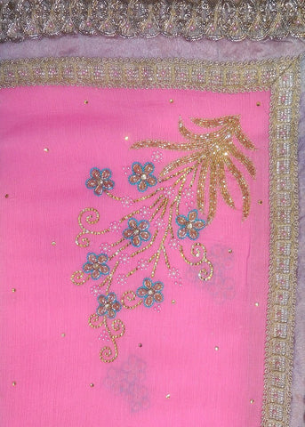 Pink Designer Wedding Partywear Georgette Cutdana Zari Pearl Beads Hand Embroidery Work Bridal Saree Sari With Blouse Piece H084