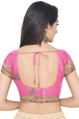 Pink Designer Wedding Partywear Georgette Cutdana Zari Pearl Beads Hand Embroidery Work Bridal Saree Sari With Blouse Piece H084