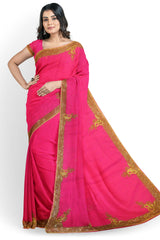 Pink Designer Wedding Partywear Georgette Cutdana Beads Stone Thread Hand Embroidery Work Bridal Saree Sari With Blouse Piece H087