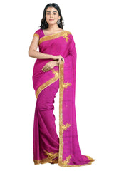 Purple Designer Wedding Partywear Georgette Cutdana Beads Stone Thread Hand Embroidery Work Bridal Saree Sari With Blouse Piece H088