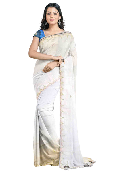 Light Blue Designer Wedding Partywear Silk Thread Cutdana Pearl Zari Hand Embroidery Work Bridal Saree Sari With Blouse Piece H090