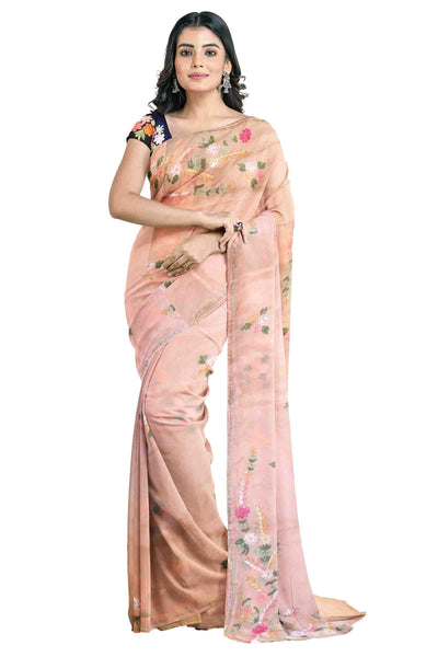 Pink Designer Wedding Partywear Silk Thread Cutdana Sequence Hand Embroidery Work Bridal Saree Sari With Blouse Piece H092