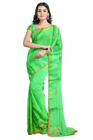 Green Designer Wedding Partywear Silk Cutdana Stone Pearl Hand Embroidery Work Bridal Saree Sari With Blouse Piece H095