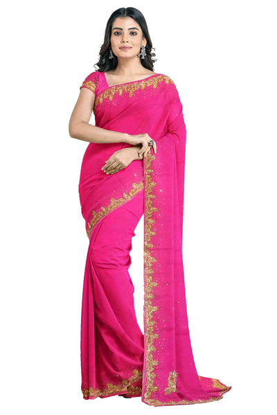 Pink Designer Wedding Partywear Georgette Stone Zari Hand Embroidery Work Bridal Saree Sari With Blouse Piece H101