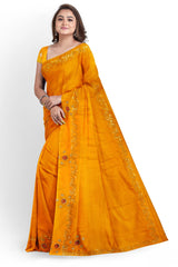 Yellow Designer Wedding Partywear Crepe Beads Lace Gota Patti Hand Embroidery Work Bridal Saree Sari With Blouse Piece H102