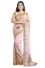 Pink Designer Wedding Partywear Silk Stone Cutdana Hand Embroidery Work Bridal Saree Sari With Blouse Piece H104