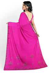 Pink Designer Wedding Partywear Georgette Stone Cutdana Hand Embroidery Work Bridal Saree Sari With Blouse Piece H105