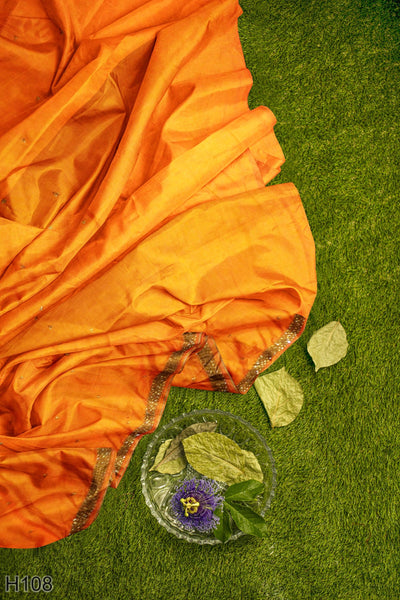 Orange Designer Wedding Partywear Silk Stone Beads Hand Embroidery Work Bridal Saree Sari With Blouse Piece H108
