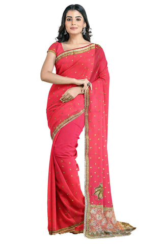 Pink Designer Wedding Partywear Silk Beads Stone Mirror Hand Embroidery Work Bridal Saree Sari With Blouse Piece H112