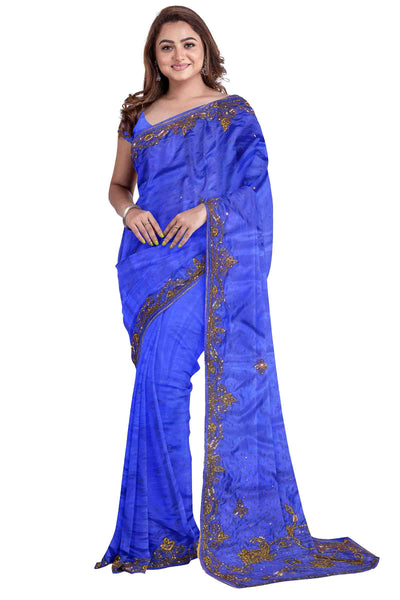 Blue Designer Wedding Partywear Silk Cutdana Stone Hand Embroidery Work Bridal Saree Sari With Blouse Piece H113