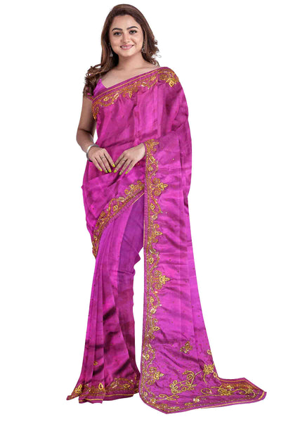 Purple Designer Wedding Partywear Silk Cutdana Stone Hand Embroidery Work Bridal Saree Sari With Blouse Piece H116