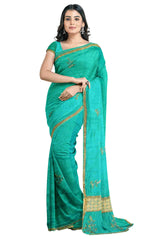 Turquoise Designer Wedding Partywear Silk Thread Cutdana Pearl Zari Hand Embroidery Work Bridal Saree Sari With Blouse Piece H121