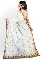 White Designer Wedding Partywear Georgette Thread Stone Zari Hand Embroidery Work Bridal Saree Sari With Blouse Piece H123